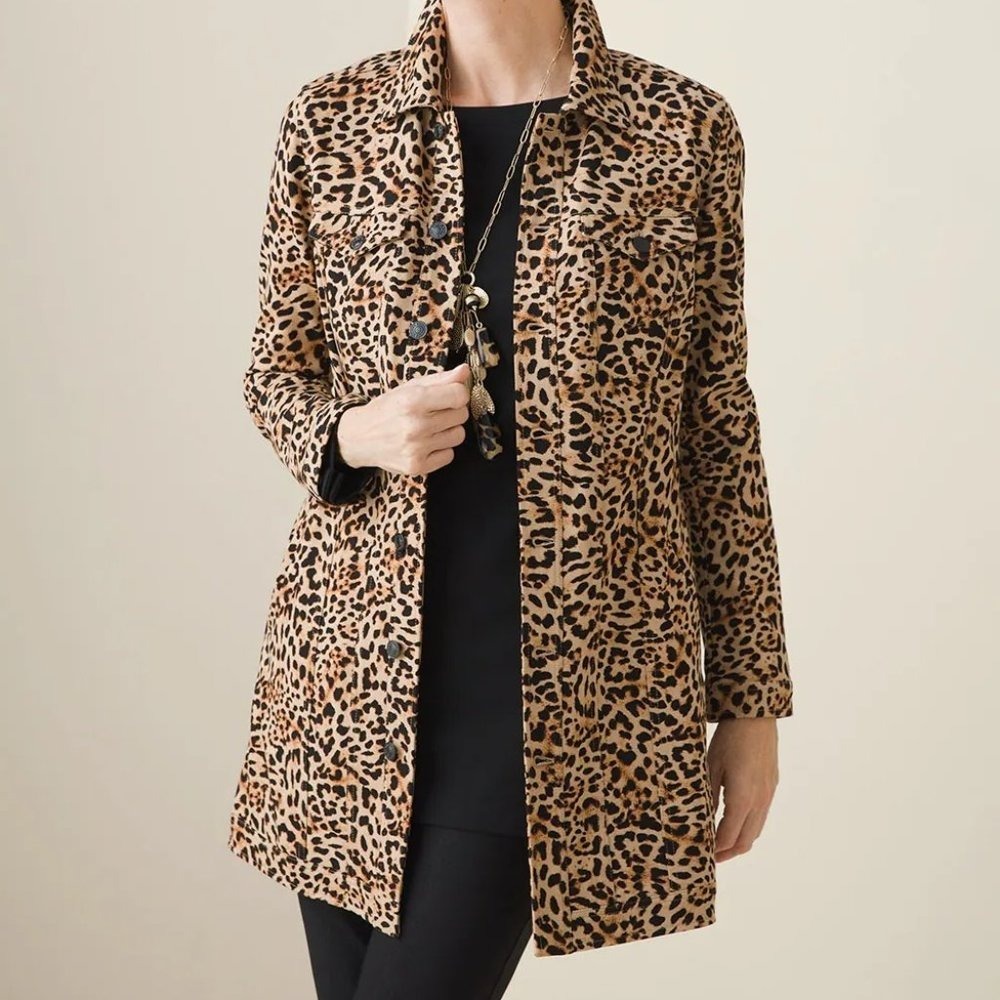 Chico's Leopard Print Ponte Knit‎ Jacket Women Size 2 Brown Animal Print